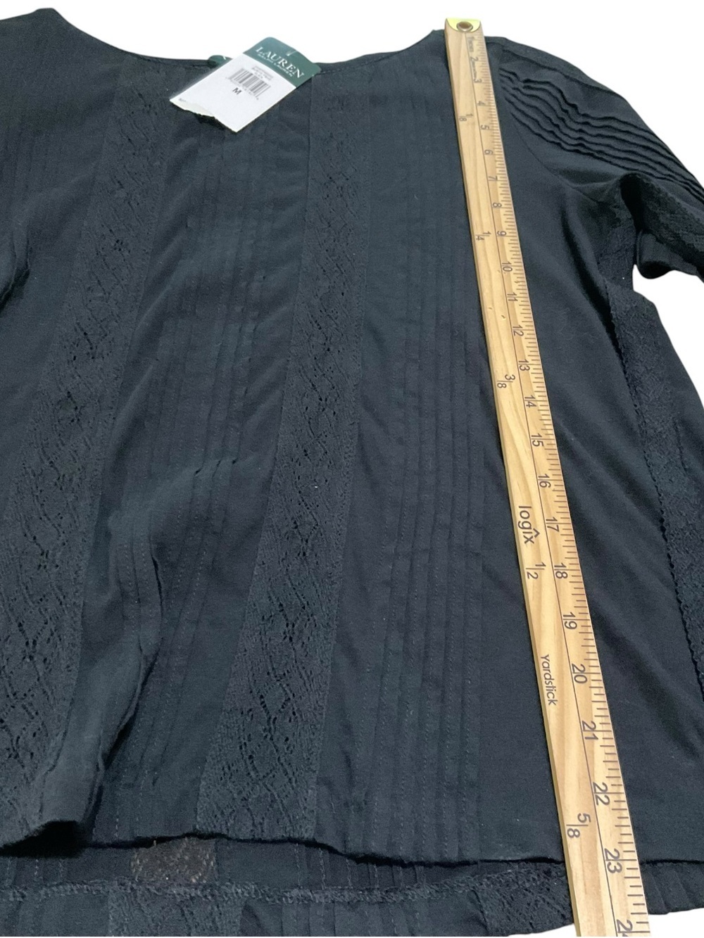 NWT Lauren Ralph Lauren Black Pintuck Lace Detail Blouse Top Size Medium - Picture 4 of 6